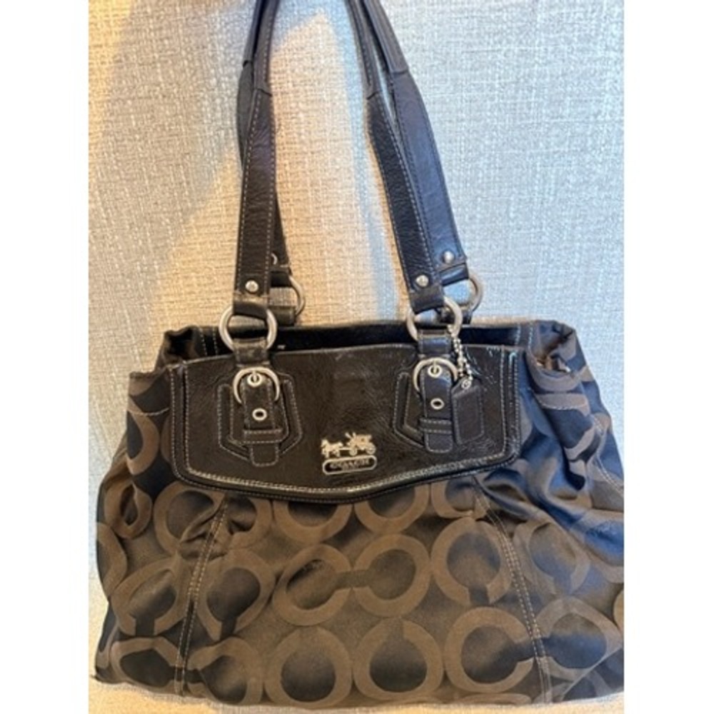 Coach Signature Jacquard Patent Leather Trim Shoulder Bag Black Grey Silver